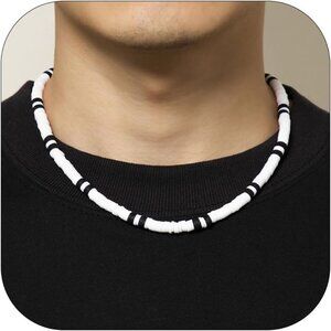 Men White Puka Shell Black Beaded Beach Seashell Necklace For Birthdy Gifts